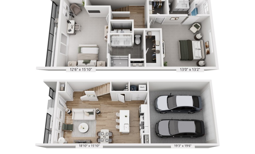 The Fillmore - Townhome 1 - 2 bedroom floorplan layout with 2.5 bathrooms and 1374 square feet