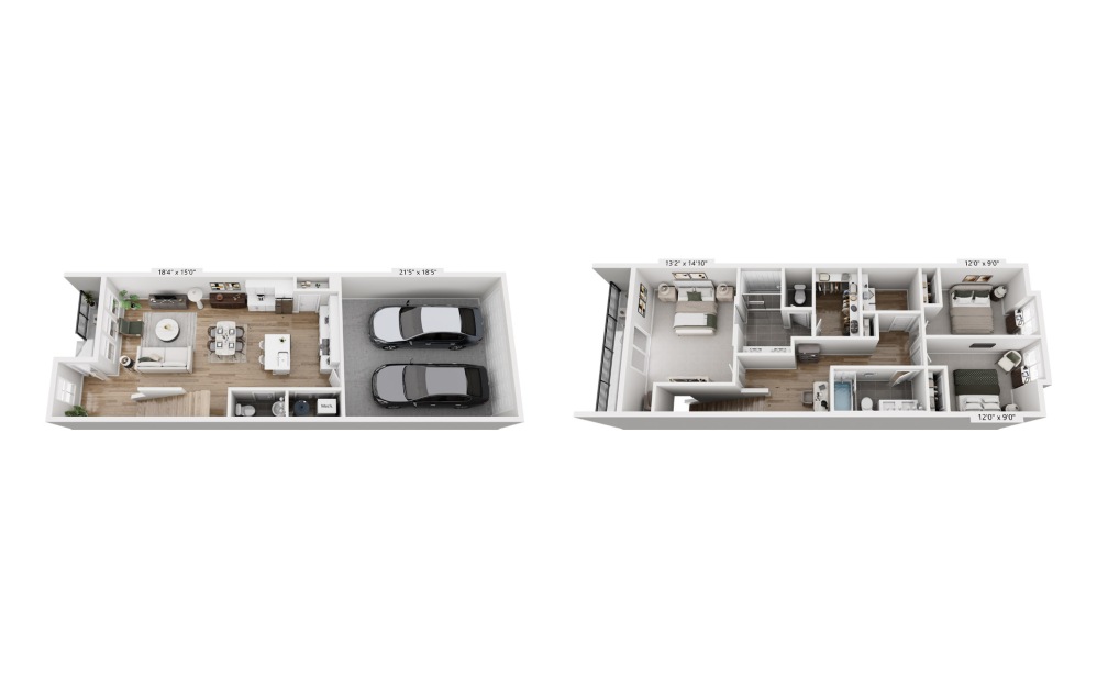 The Fillmore - Townhome 2B - 3 bedroom floorplan layout with 2.5 bathrooms and 1546 square feet (, 3D)