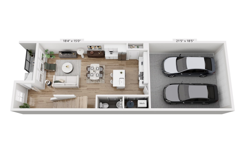 The Fillmore - Townhome 2B - 3 bedroom floorplan layout with 2.5 bathrooms and 1546 square feet (Level 1, 3D)