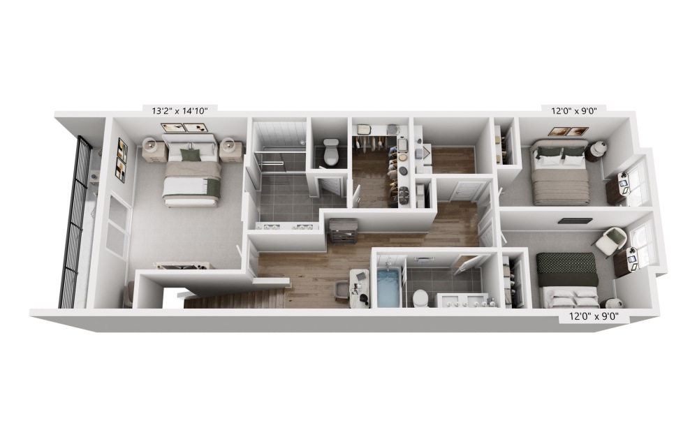 The Fillmore - Townhome 2B - 3 bedroom floorplan layout with 2.5 bathrooms and 1546 square feet (Level 2, 3D)