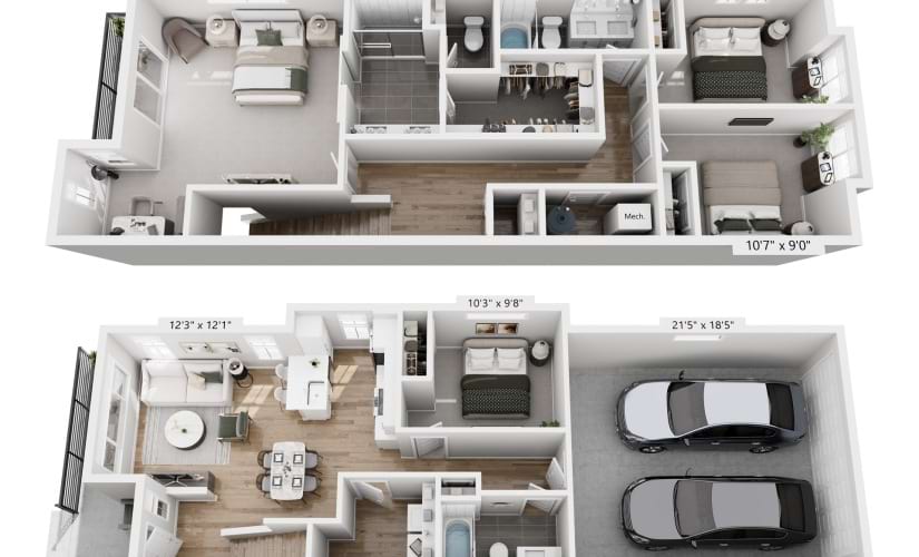 The Fillmore - Townhome 4 - 4 bedroom floorplan layout with 3 bathrooms and 1675 square feet