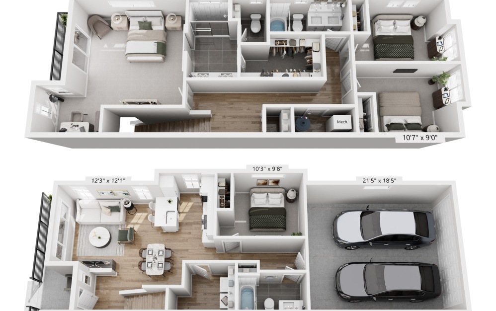 The Fillmore - Townhome 4 - 4 bedroom floorplan layout with 3 bathrooms and 1675 square feet (, 3D)