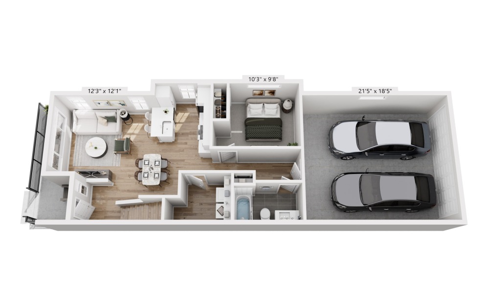 The Fillmore - Townhome 4 - 4 bedroom floorplan layout with 3 bathrooms and 1675 square feet (Level 1, 3D)