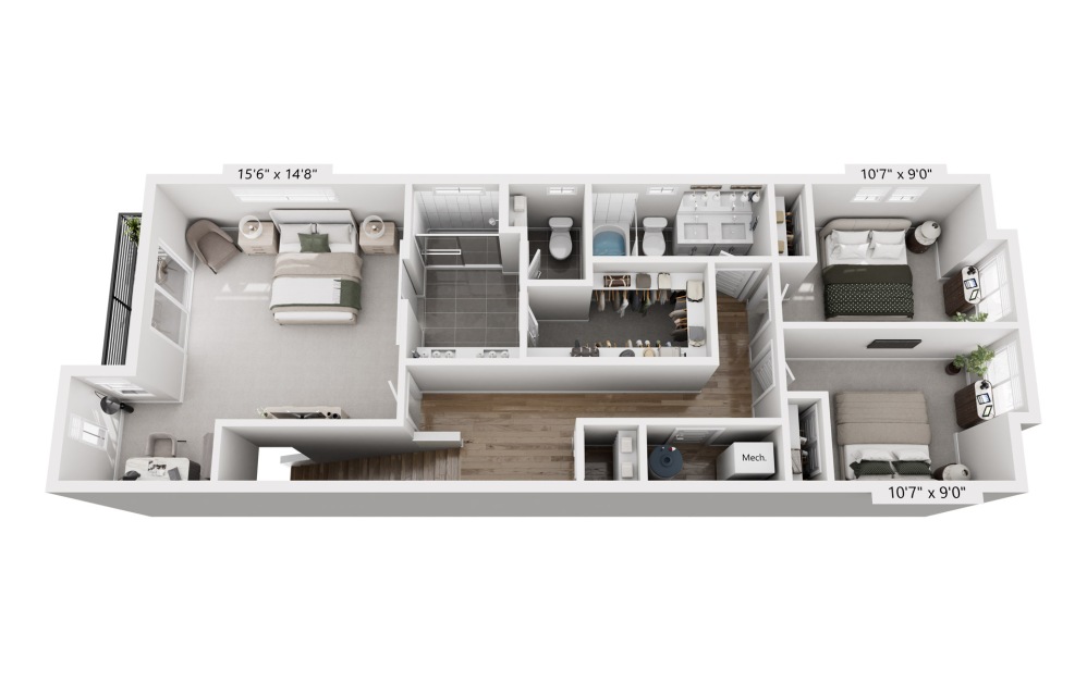 The Fillmore - Townhome 4 - 4 bedroom floorplan layout with 3 bathrooms and 1675 square feet (Level 2, 3D)